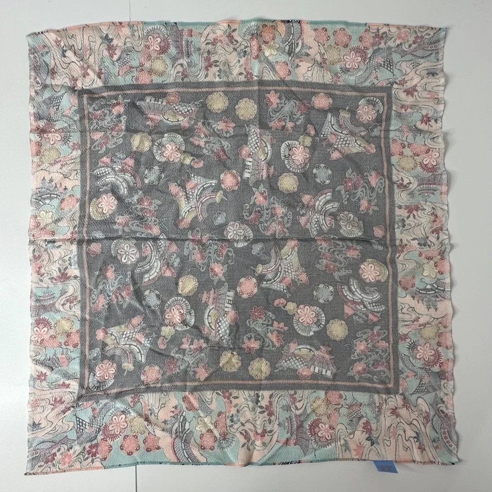 Ryukyu Bingata Japanese Square Scarf Silk Rayon Black Pink‎ Floral Spring 27x27